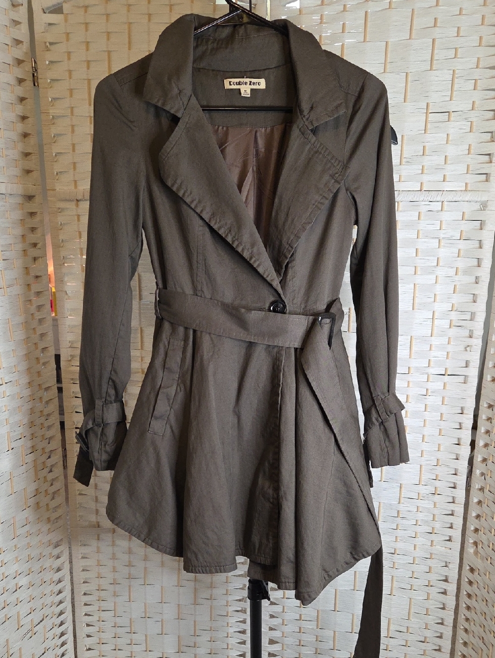 Double Zero Olive Fit & FlareTrench Coat with Belted Waist